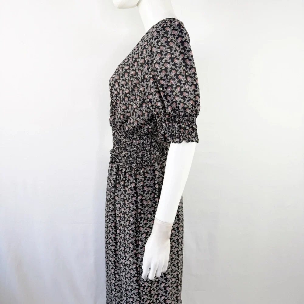 Max Studio Black Floral Maxi Dress Size L Casual Boho Short Sleeve V-Neck - Picture 4 of 11